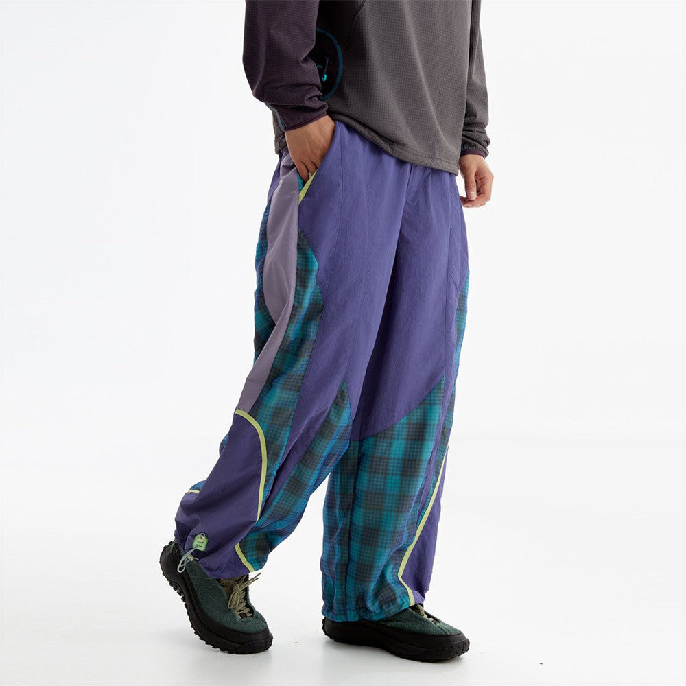 Men's Plaid Patchwork Baggy Pants – Windproof Water-Resistant Drawstring Ankle