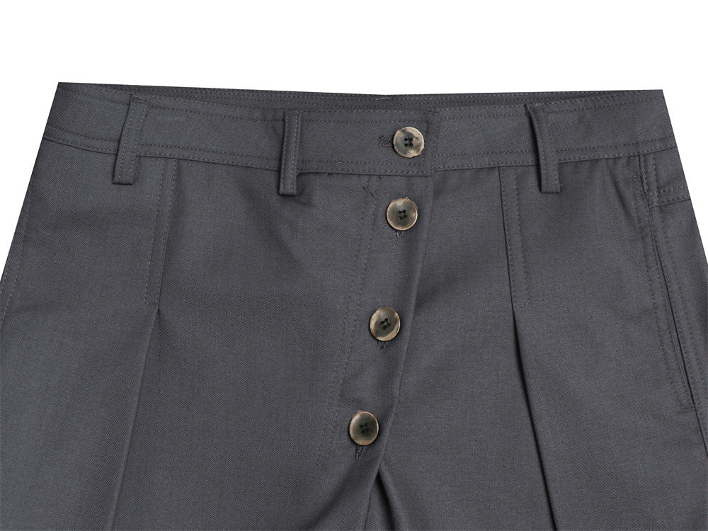 Wide-Leg Pleated Trousers – Diagonal Button Fly, Relaxed Silhouette