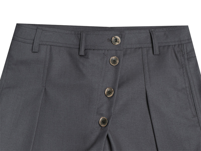 Wide-Leg Pleated Trousers – Diagonal Button Fly, Relaxed Silhouette