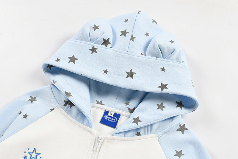 Hoodie with Cool Designs – Star Print Cartoon Cat Zip-Up Hoodie with Ear Hood