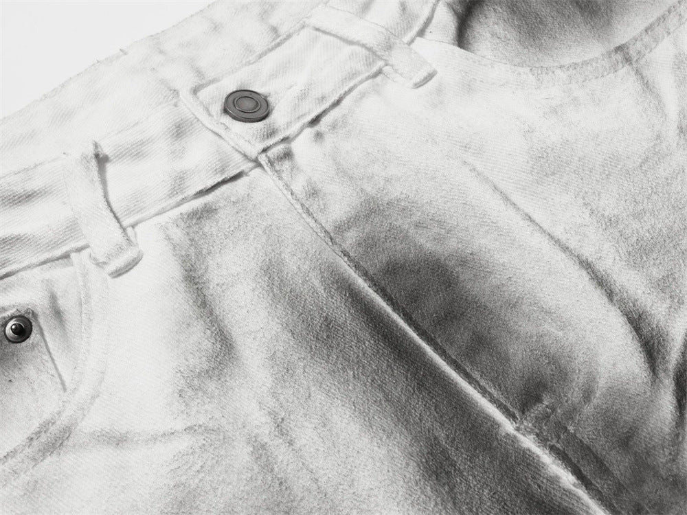 Men's Wide-Leg Baggy Jeans – Ink Wash Gradient Crinkle Print, Straight Fit