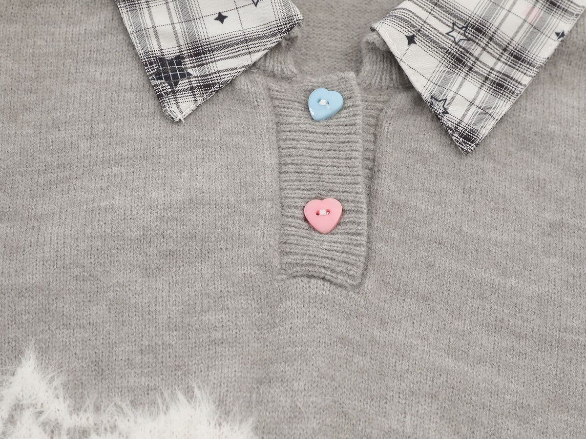 Sweet Cat Fuzzy Knit Sweater with Plaid Shirt Layered Pullover