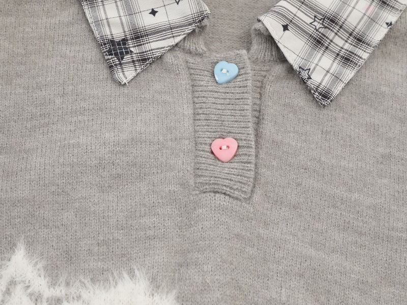 Sweet Cat Fuzzy Knit Sweater with Plaid Shirt Layered Pullover