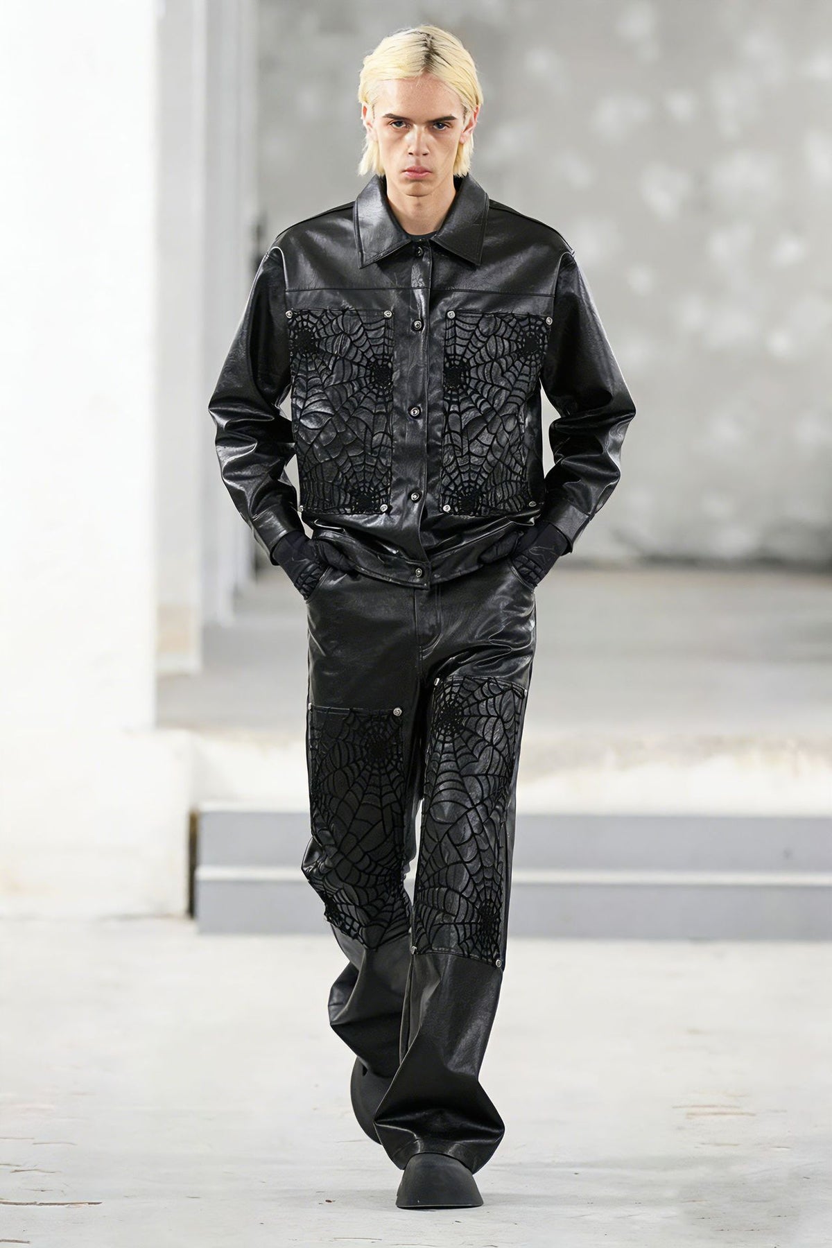 Wide-Leg Faux Leather Pants with Spiderweb Embossed Panels