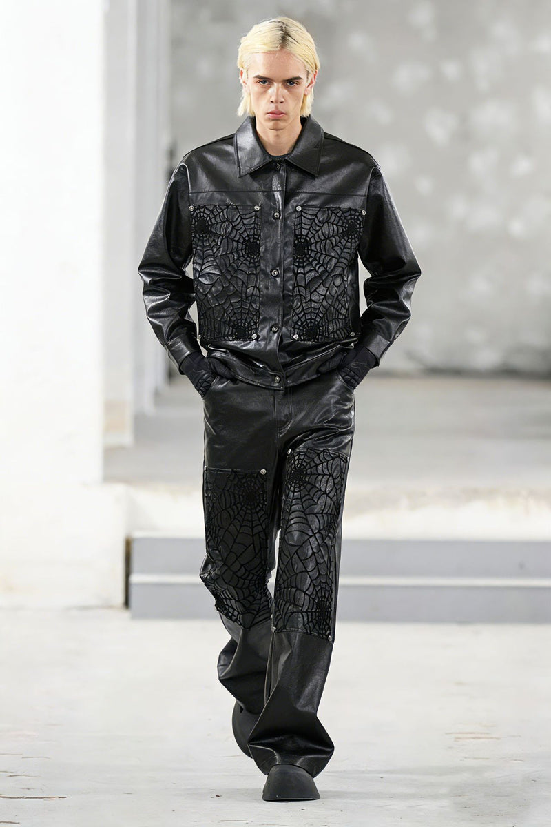 Wide-Leg Faux Leather Pants with Spiderweb Embossed Panels