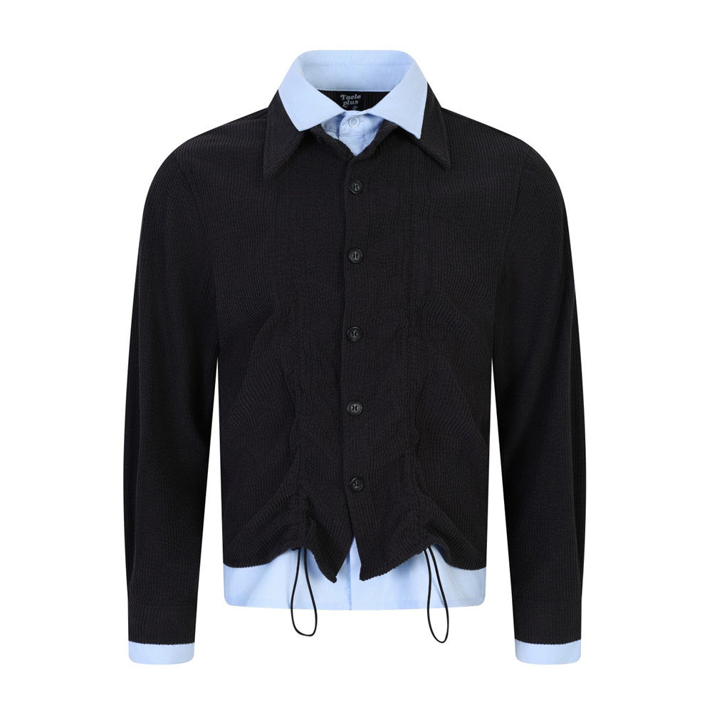 Faux Two-Piece Corduroy Knit Overshirt – Layered Collar Button-Up with