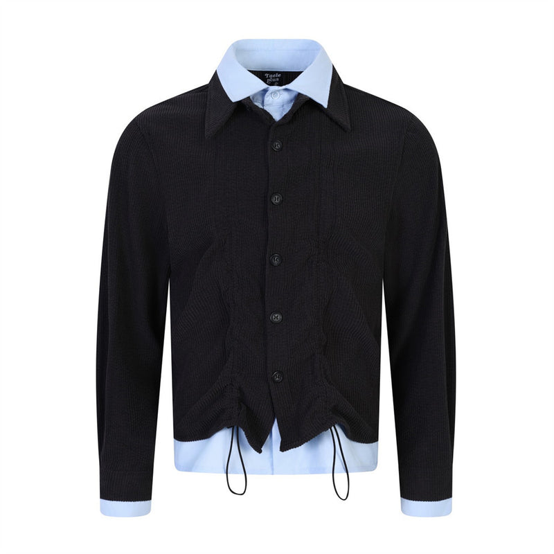Faux Two-Piece Corduroy Knit Overshirt – Layered Collar Button-Up with