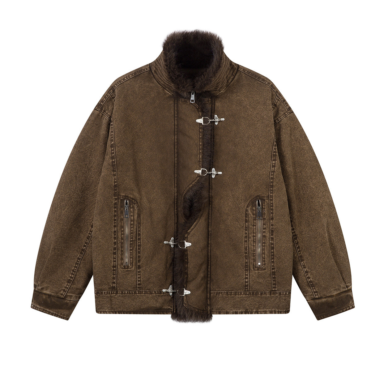 Sherpa Lined Denim Jacket with Fur Collar & Toggle Clasps