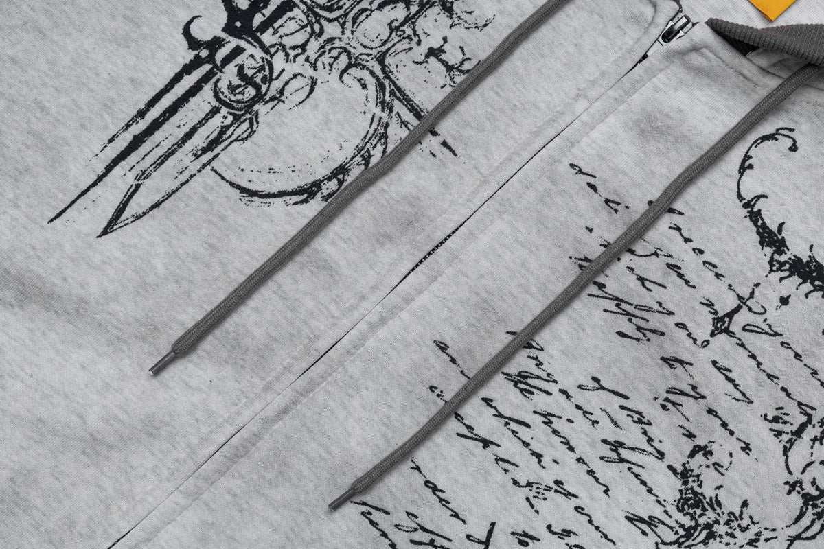 Hoodie mit Gothic-Schriftzug und Reißverschluss – Gewaschener Vintage-Dark-Style