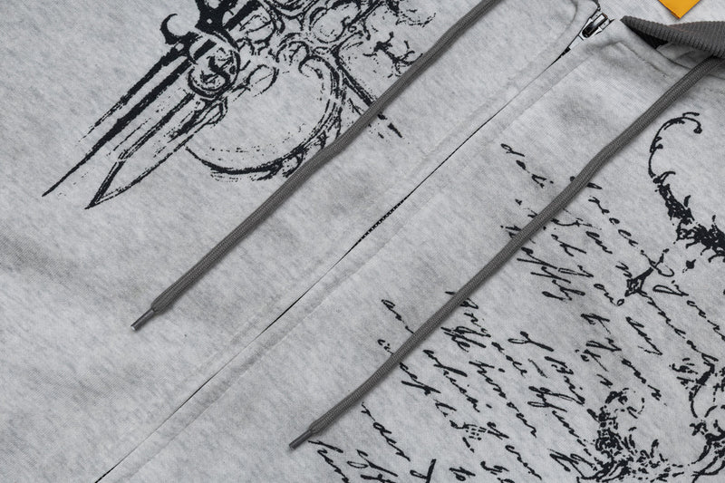 Hoodie mit Gothic-Schriftzug und Reißverschluss – Gewaschener Vintage-Dark-Style