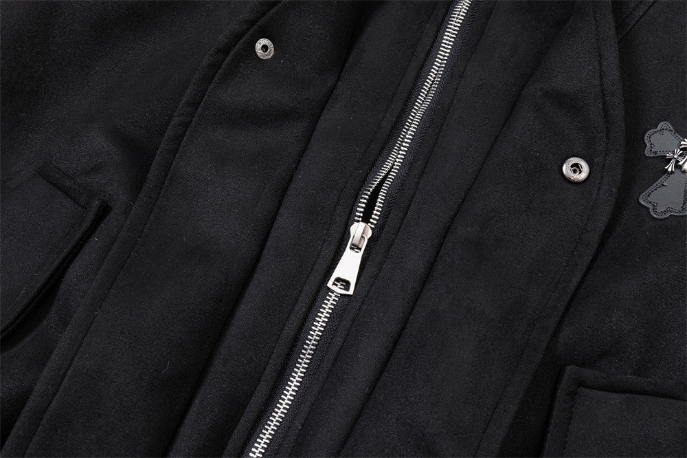 Suede Bomber Jacket Men – Collared Cross-Patch Relaxed Fit Varsity Jacket