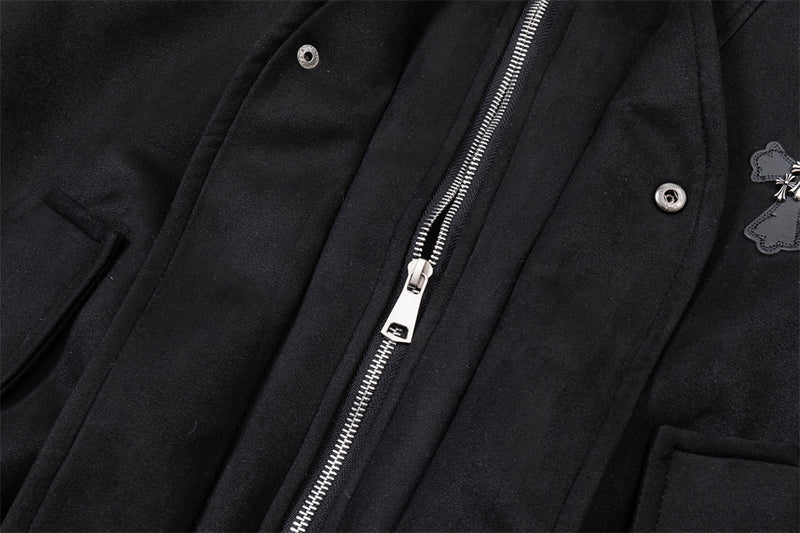 Suede Bomber Jacket Men – Collared Cross-Patch Relaxed Fit Varsity Jacket