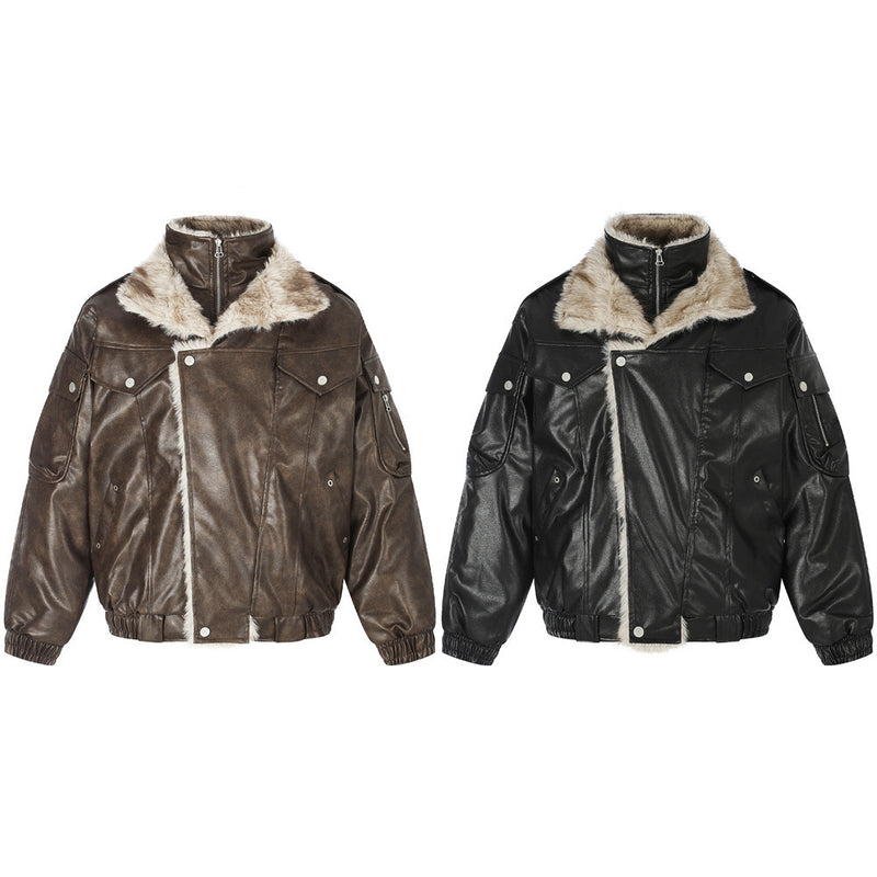 Men's Faux Leather Fur-Lined Bomber Jacket with High Collar & Asymmetric Placket