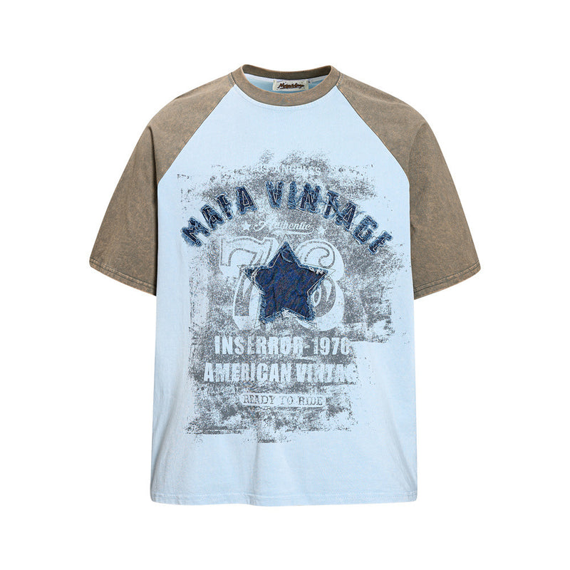Mafa Vintage star patch raglan colorblock T-shirt in light blue with khaki sleeves, distressed American vintage graphic print