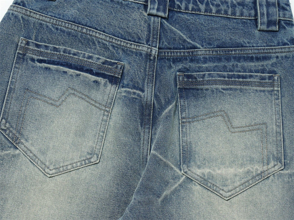 Loose Fit Baggy Jeans Men – Distressed Patchwork Wide-Leg Denim with Raw-Edge