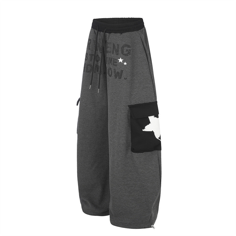 Wide-Leg Cargo Sweatpants with Letter Print & Star Patch Pockets