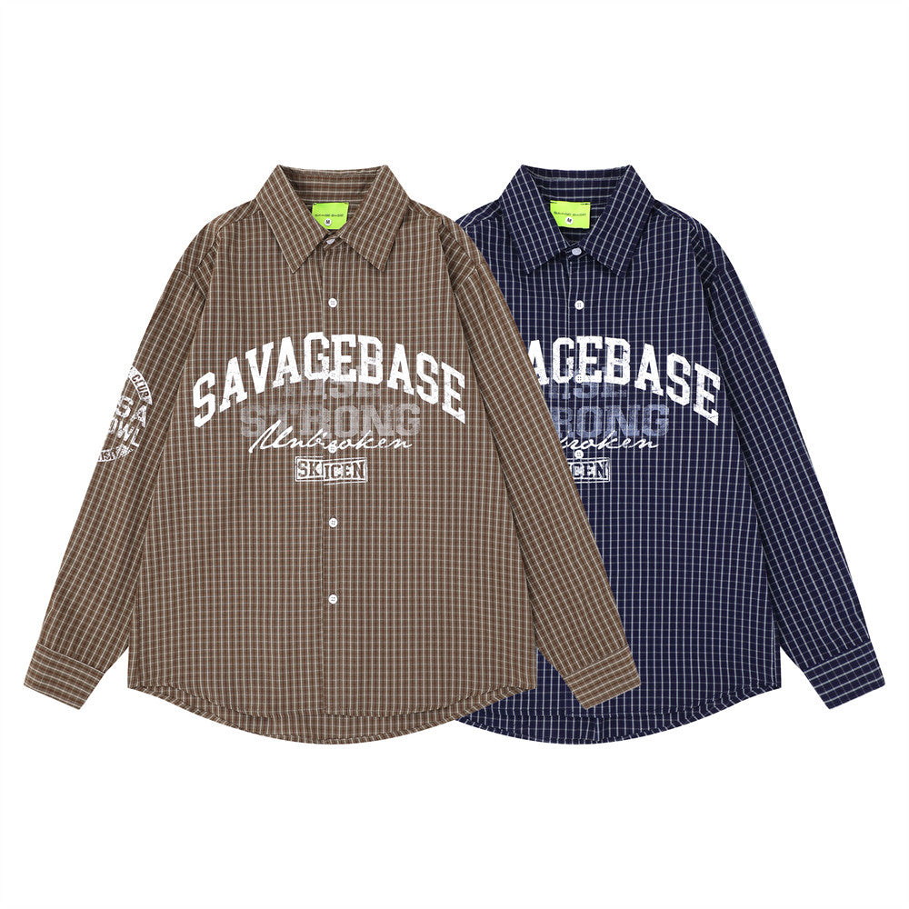 Plaid Long Sleeve Shirt with Varsity Graphic Print – Oversized Relaxed Fit