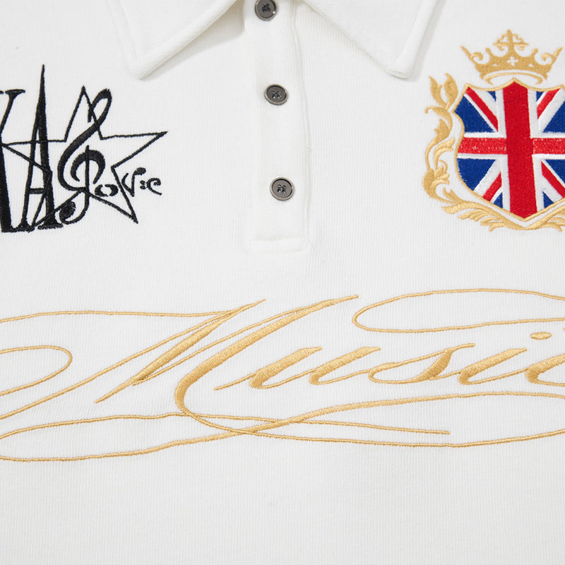 Men's Long-Sleeve Polo Shirt with Embroidered Music Badge & Union Jack Crest