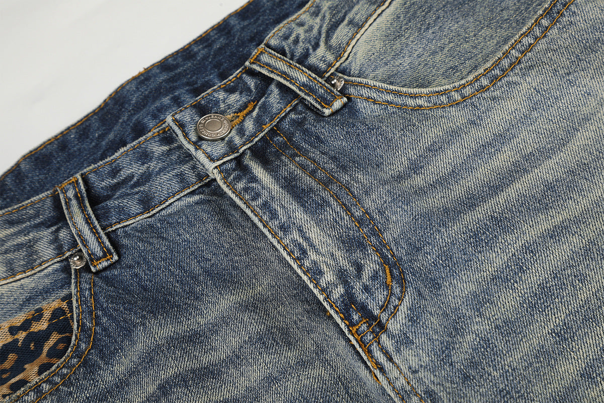 Jean baggy bleu clair à poches léopard – Denim large délavé et déchiré
