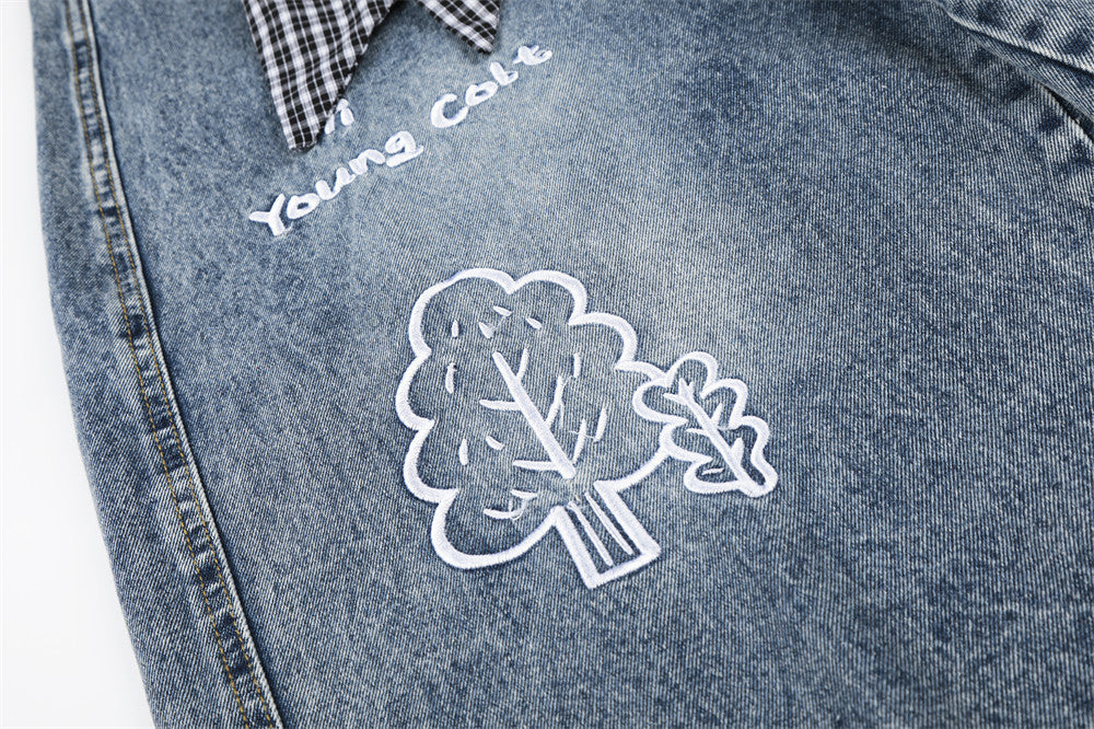 Cartoon Embroidered Wide-Leg Denim Shorts with Detachable Plaid Scarf Tie