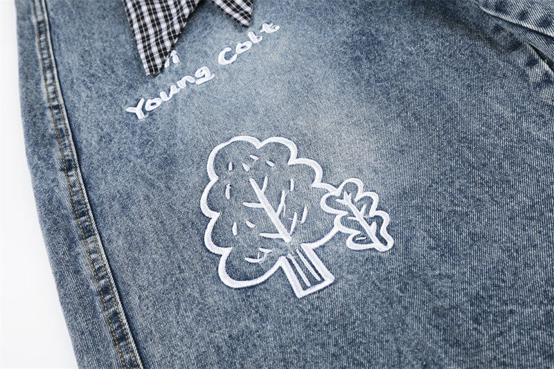 Cartoon Embroidered Wide-Leg Denim Shorts with Detachable Plaid Scarf Tie