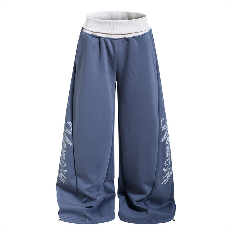 Men's Wide-Leg Sweatpants with Letter Print & Contrast Ribbed Waistband