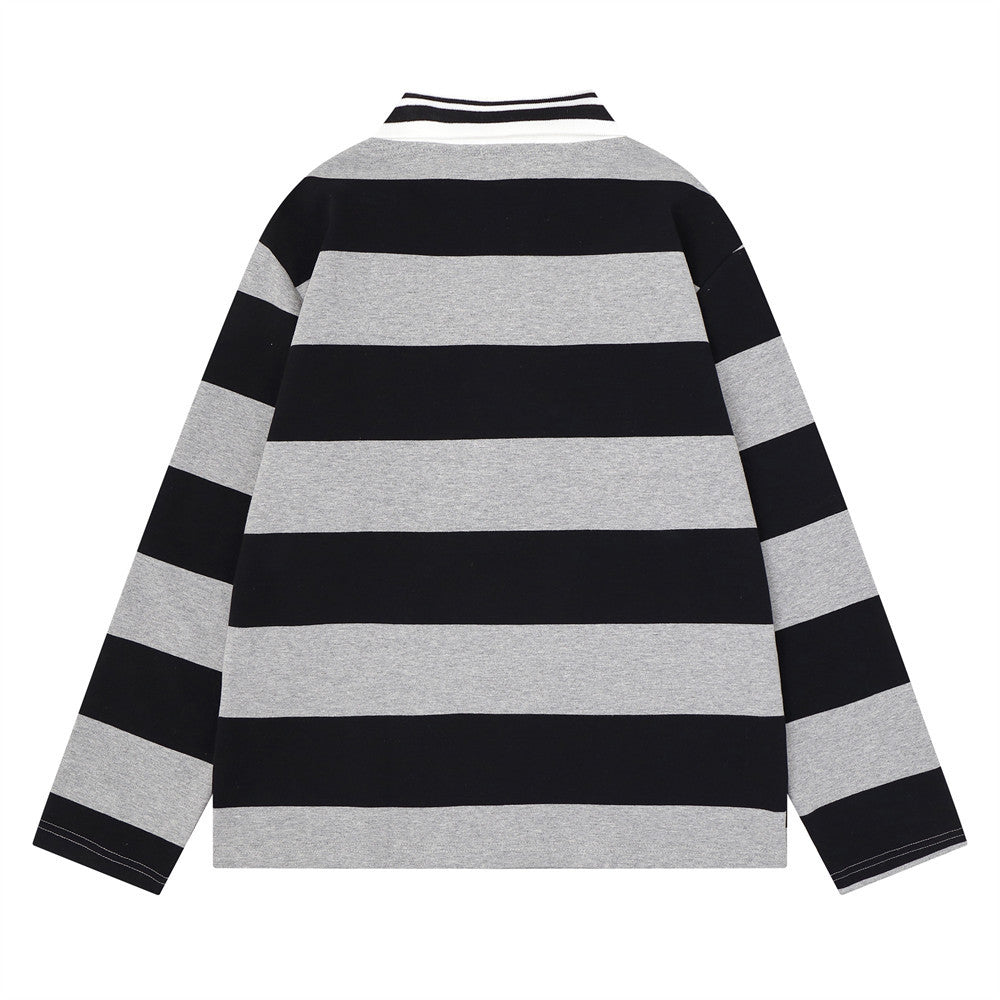 Men's Striped Long Sleeve Rugby Polo Shirt with Embroidered Logo