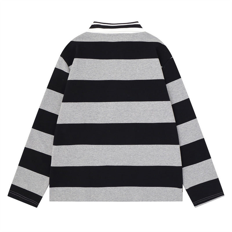 Men's Striped Long Sleeve Rugby Polo Shirt with Embroidered Logo