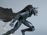 The Berserk Brand Marked Guts Berserker Armor action figure features a dynamic crouching pose and dragon-like helmet. It&