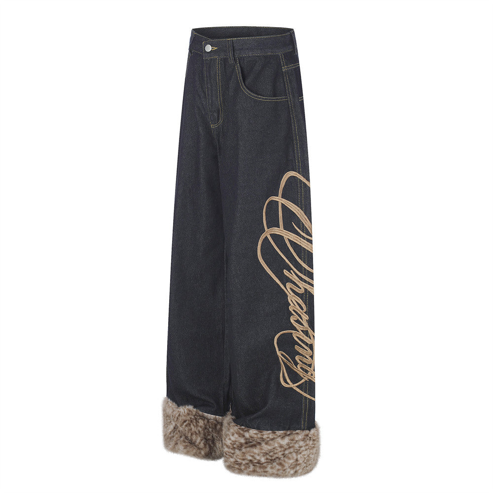 Wide-Leg Jeans Men – Dark Wash Denim with Script Embroidery & Faux Fur Cuffs