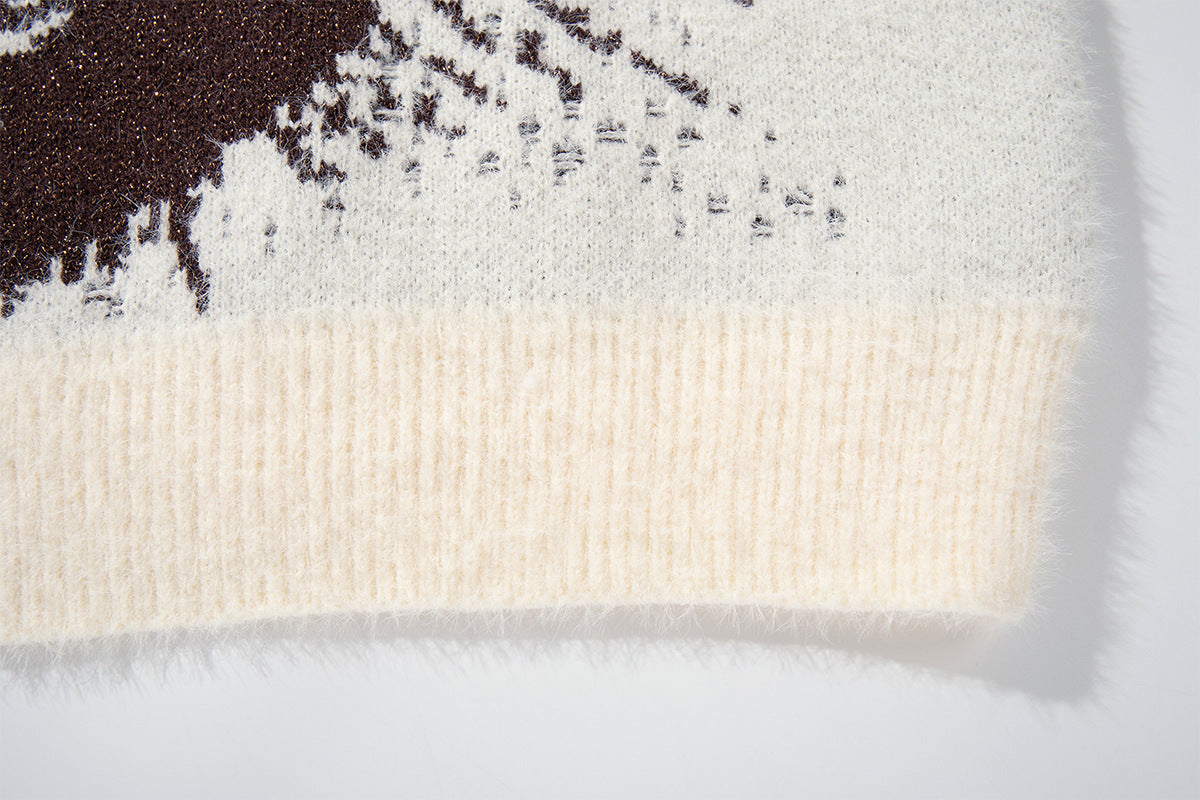 Ram Jacquard Crew Neck Knit Sweater – Oversized Streetwear Pullover