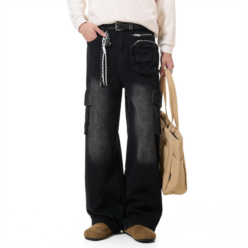 Vaqueros cargo para hombre — Pantalón vaquero de pierna ancha con múltiples bolsillos y lavado desgastado