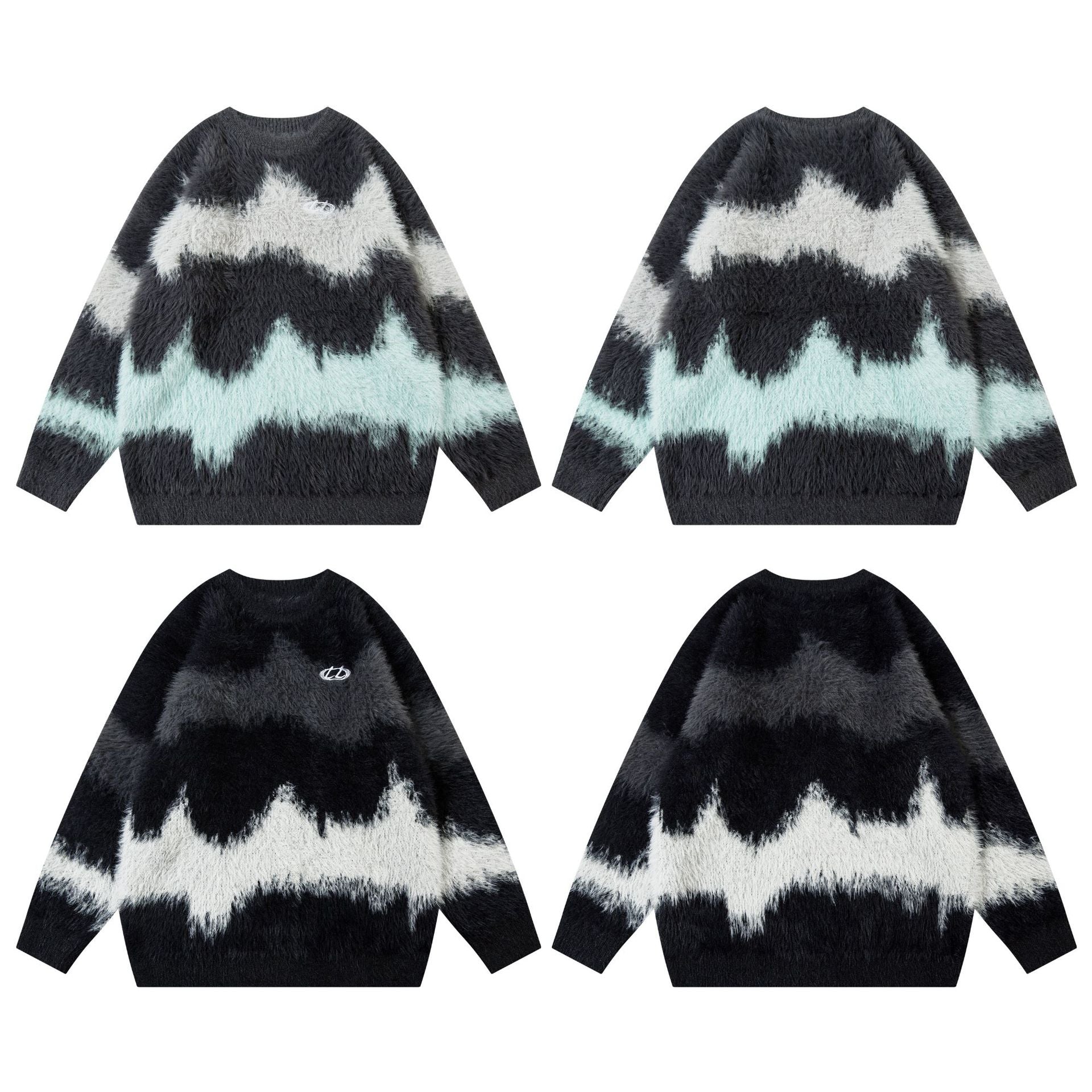 Pull en maille pelucheuse à motif vague abstrait – Modèle oversize
