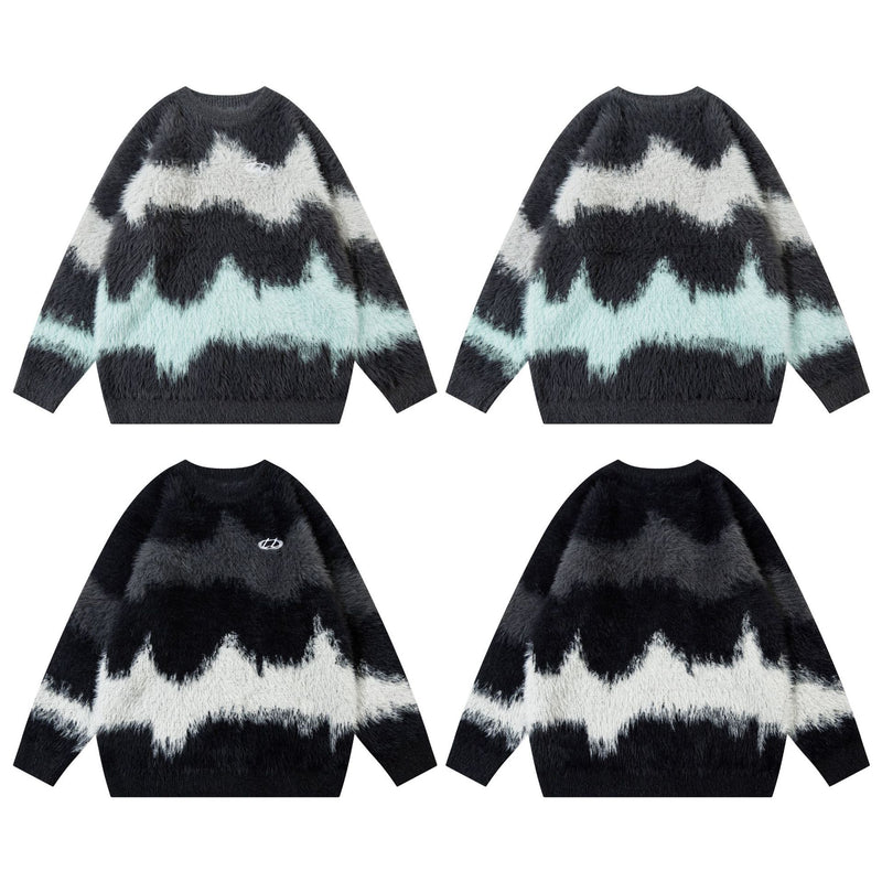 Pull en maille pelucheuse à motif vague abstrait – Modèle oversize