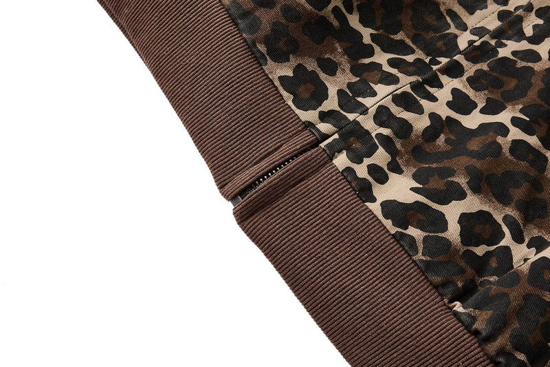 Leopard Print Track Jacket with Striped Sleeve Tape and Mock Neck Zip
