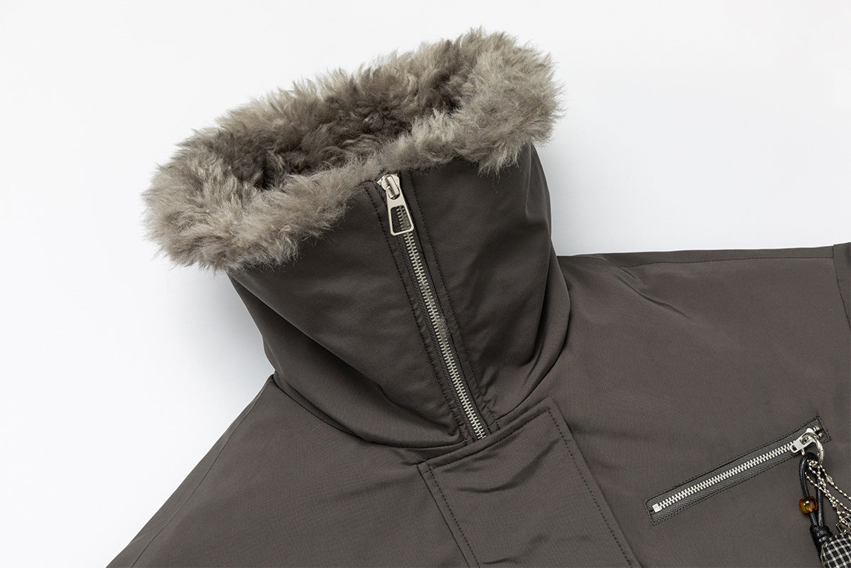 Fur Collar Cotton-Padded Bomber Jacket with Horn Toggle Buttons – Dark Grey