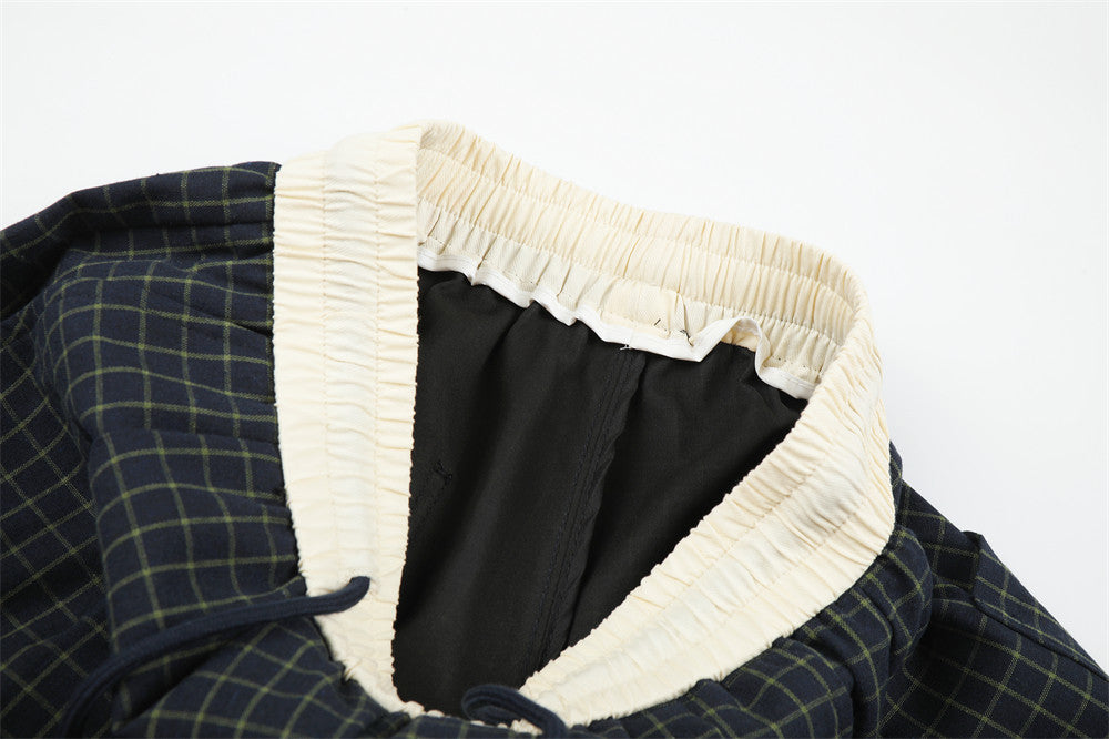 Wide-Leg Plaid Trousers – Elastic Waist Drawstring Contrast Band