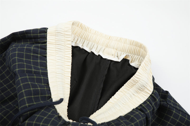 Wide-Leg Plaid Trousers – Elastic Waist Drawstring Contrast Band