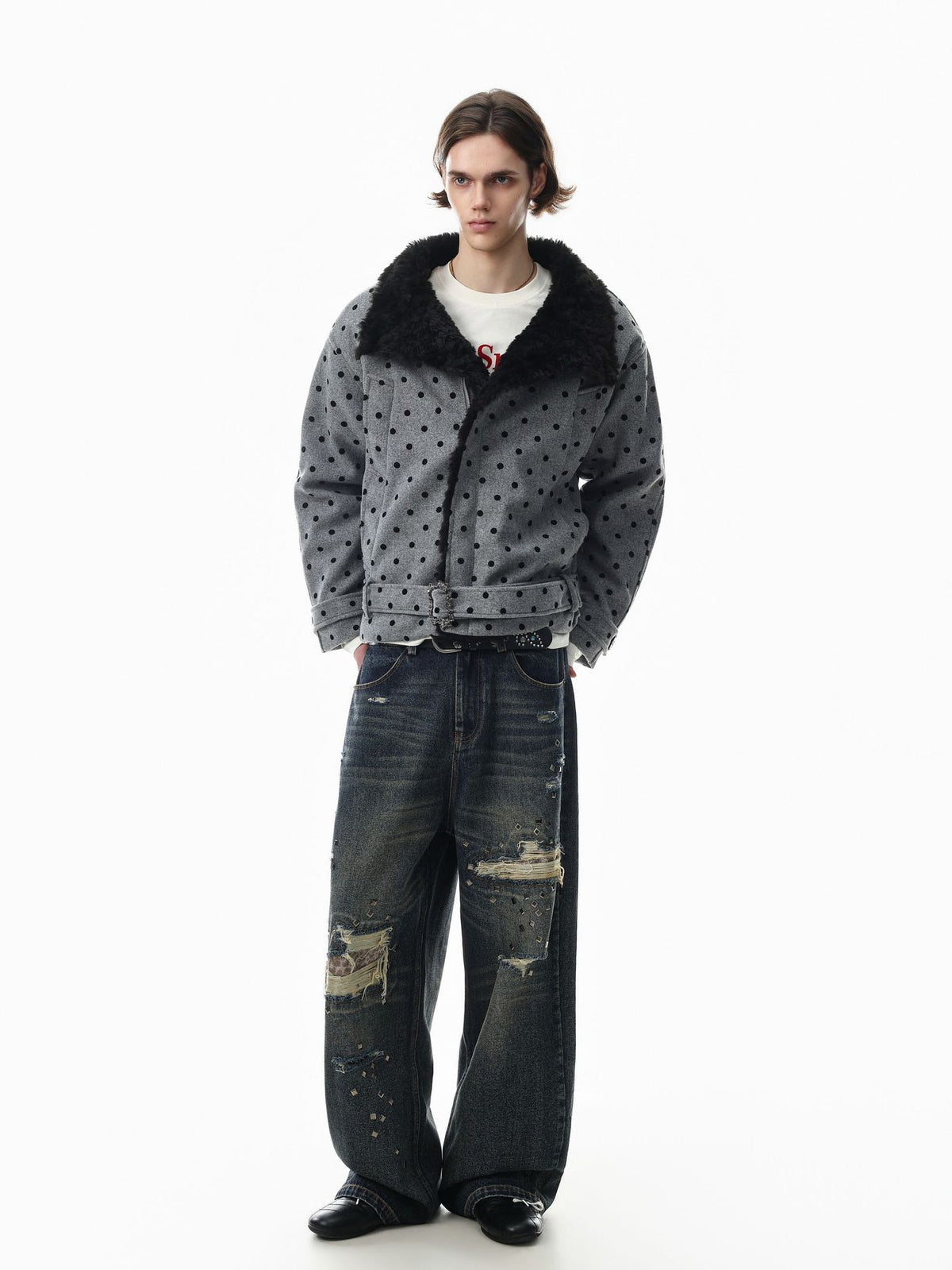 Polka Dot Wool-Blend Jacket with Faux Fur Collar – Oversized Retro Outerwear