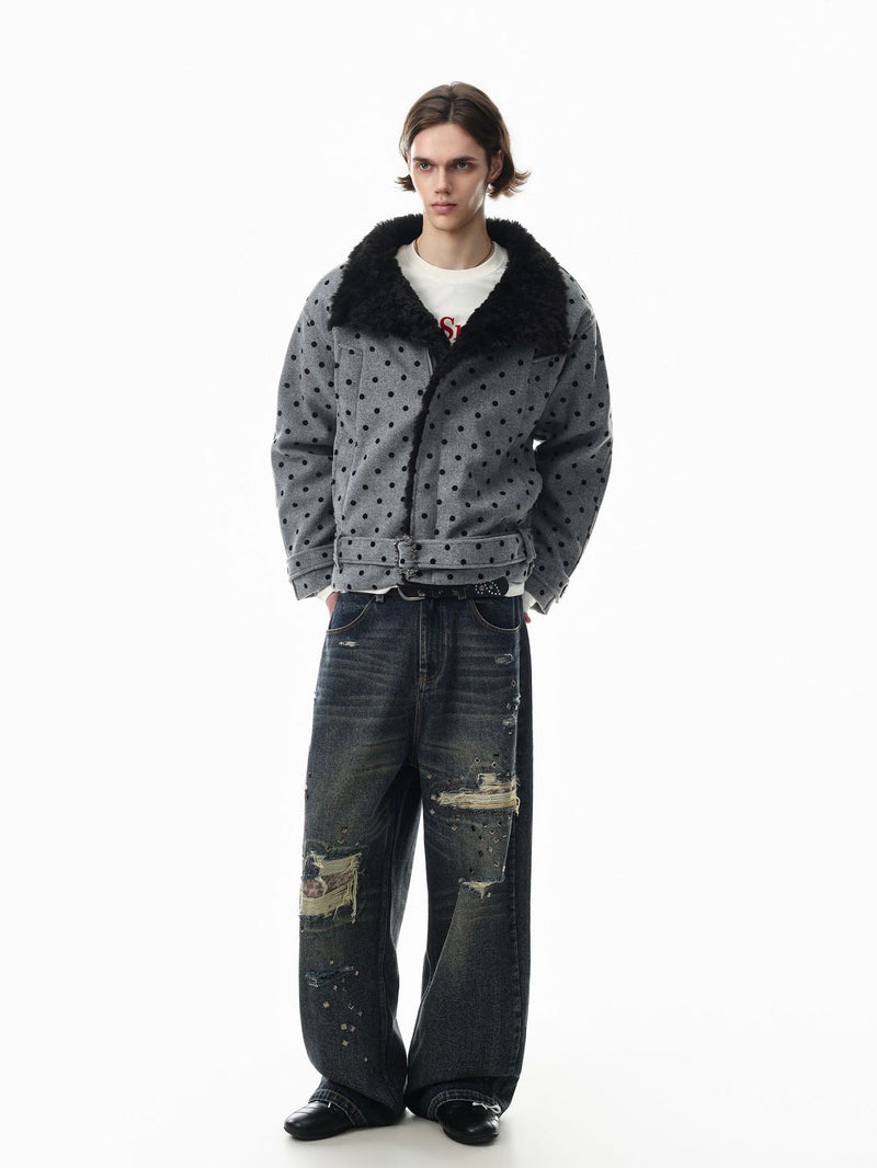 Polka Dot Wool-Blend Jacket with Faux Fur Collar – Oversized Retro Outerwear