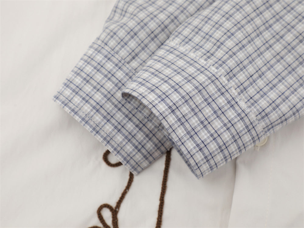 Embroidered Patchwork Plaid Long Sleeve Shirt – Oversized Floral Vine Design