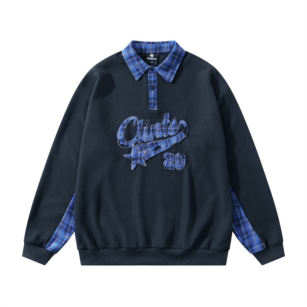 Polo Collar Sweatshirt with Plaid Patchwork & Clints Varsity Graphic