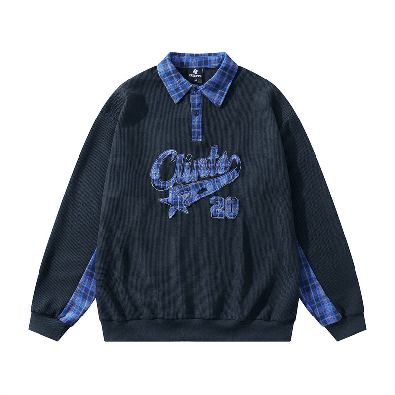 Polo Collar Sweatshirt with Plaid Patchwork & Clints Varsity Graphic