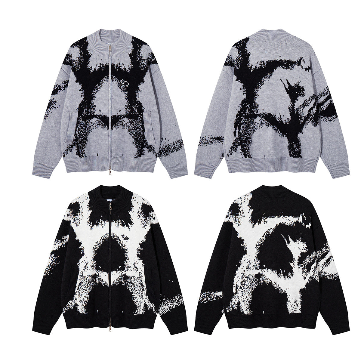 Abstract Bear Jacquard Knit Zip-Up Cardigan Sweater – Oversized High-Street