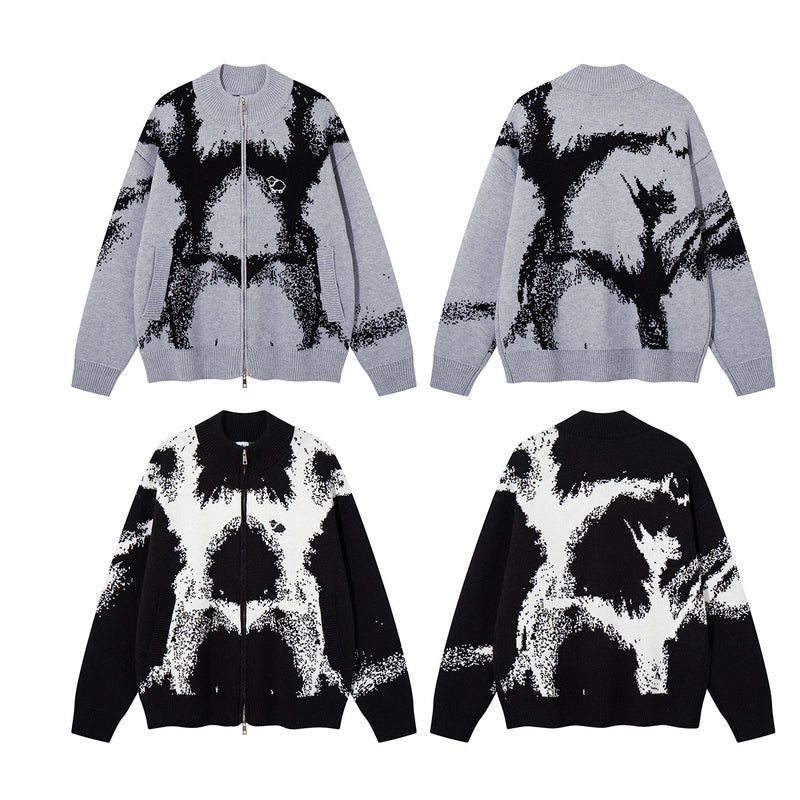 Abstract Bear Jacquard Knit Zip-Up Cardigan Sweater – Oversized High-Street