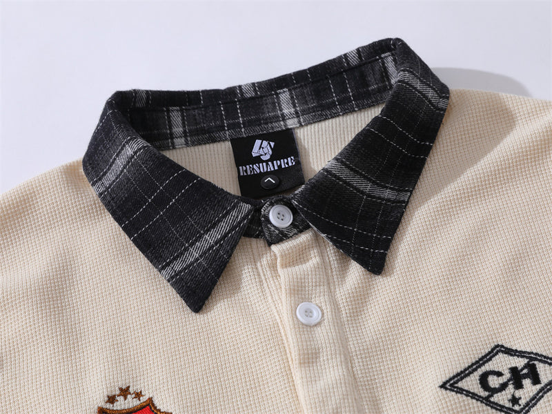 Faux Two-Piece Plaid Splice Long Sleeve Polo Shirt – Oversized Collegiate Style
