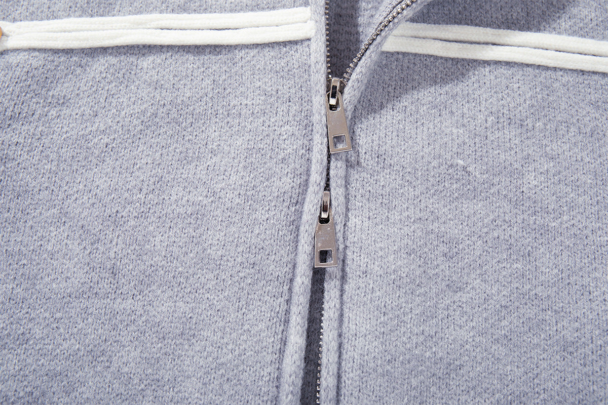 Military Knit Zip-Up Cardigan Sweater with Braided Cord & Button Detail