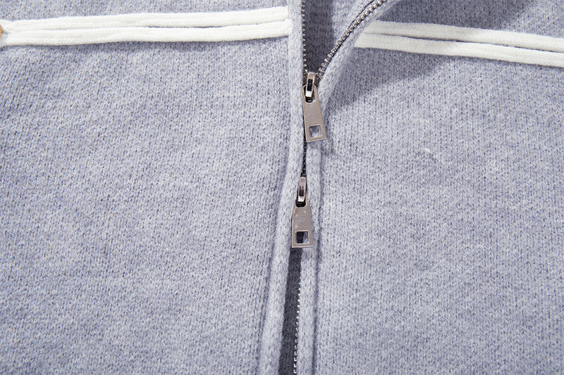 Military Knit Zip-Up Cardigan Sweater with Braided Cord & Button Detail