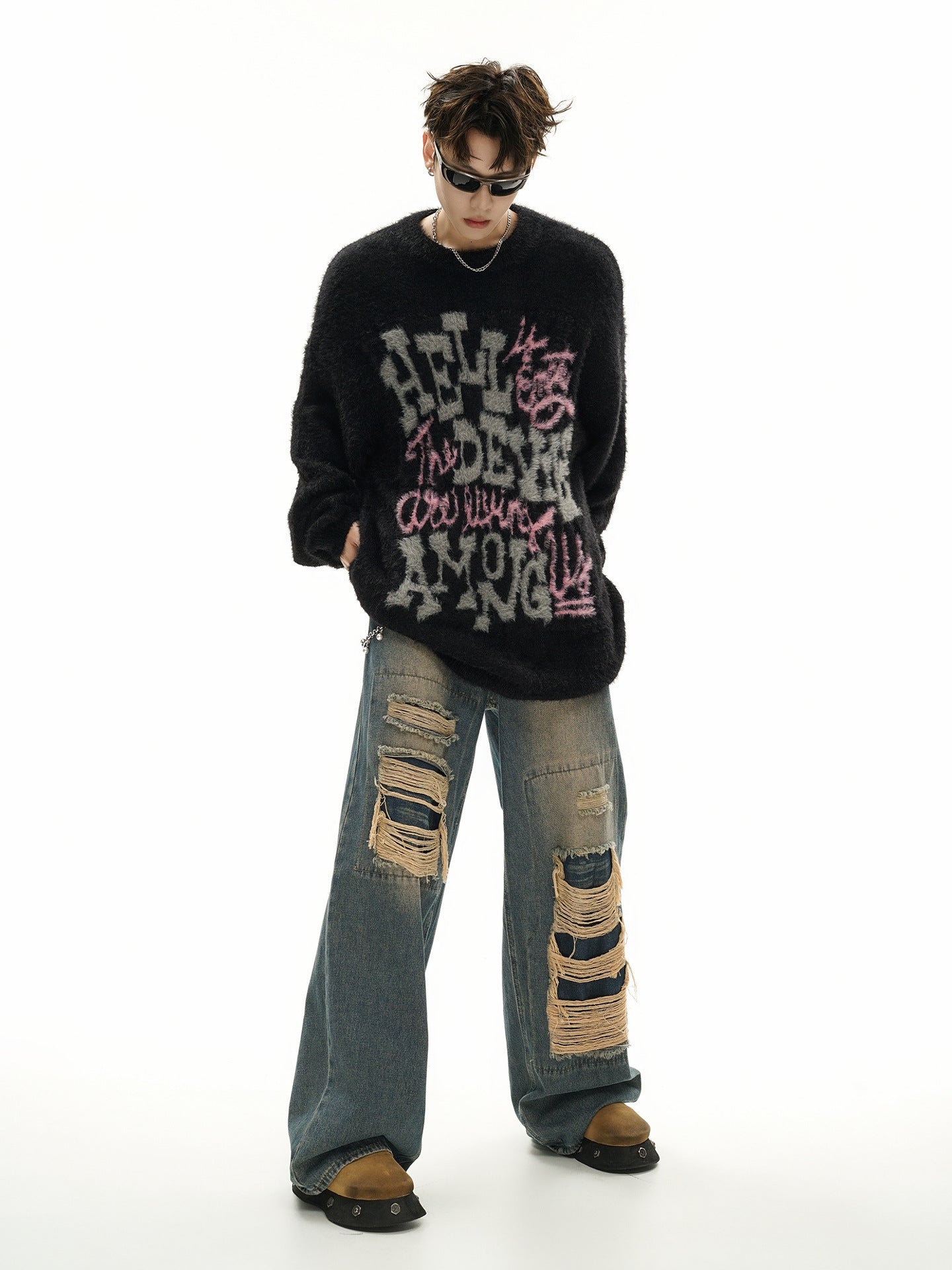 Pull oversize en maille jacquard à lettrage – Hell Is Empty, motif graffiti