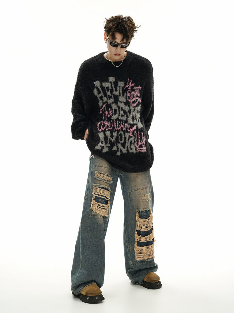Pull oversize en maille jacquard à lettrage – Hell Is Empty, motif graffiti